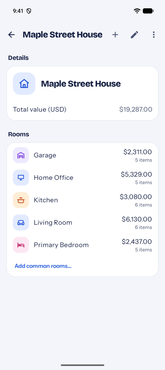 Odune on Android: a property with its rooms, their values and item counts