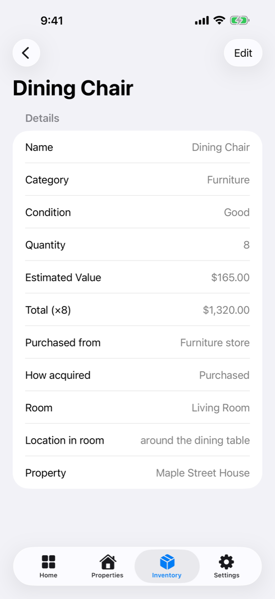 Odune on iPhone: an item's details, with quantity, value and where it is kept